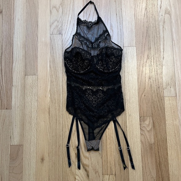 Victorias Secret Black Lacey Halter Teddy Lingerie Piece 32C - Picture 1 of 7